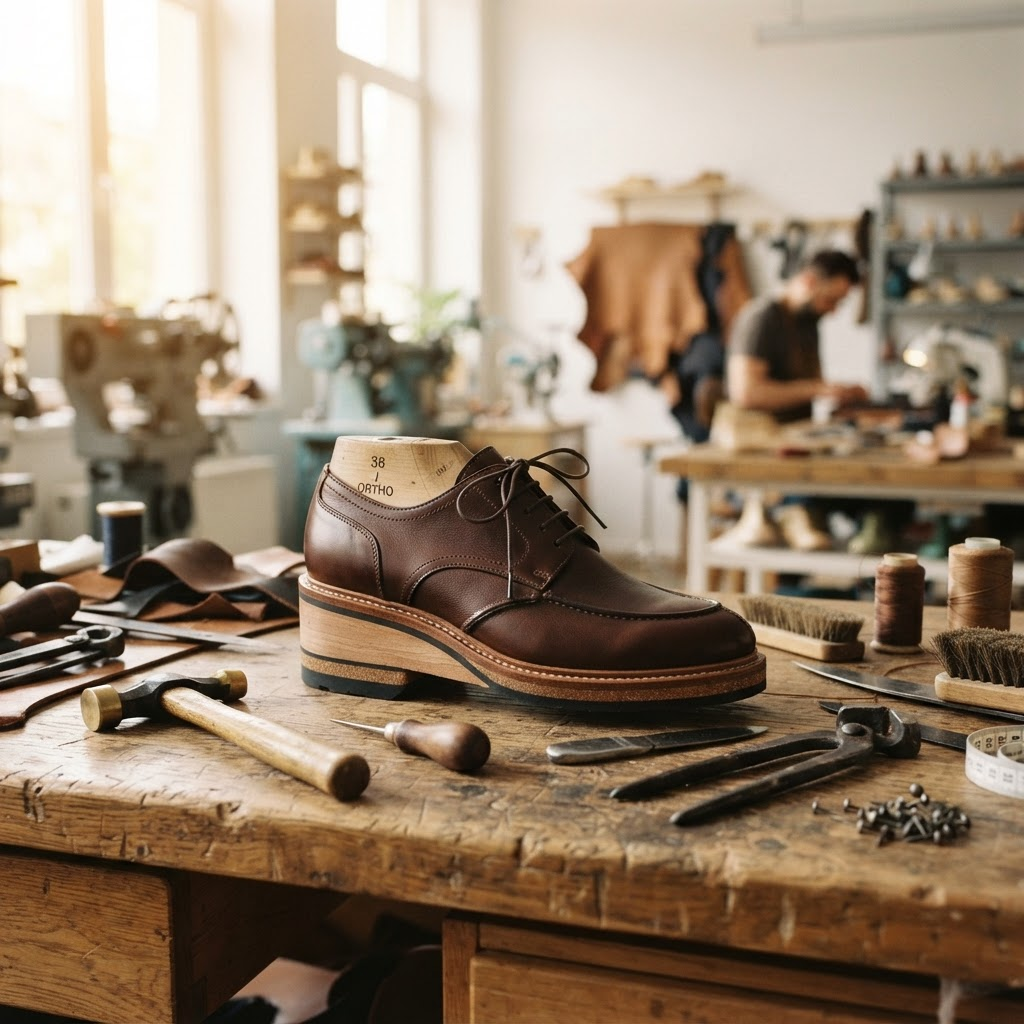 Orthopädischer Maßschuh auf einem hölzernen Schuhleisten mit Handwerkzeug