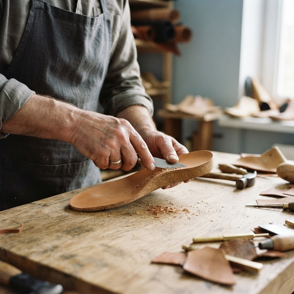 Nahaufnahme der Hände eines Orthopädie-Schuhmachers bei der Fertigung